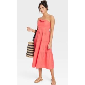 Universal Thread Strapless Midi Dress Coral Pink Medium Tiered Cotton Beachy Bow